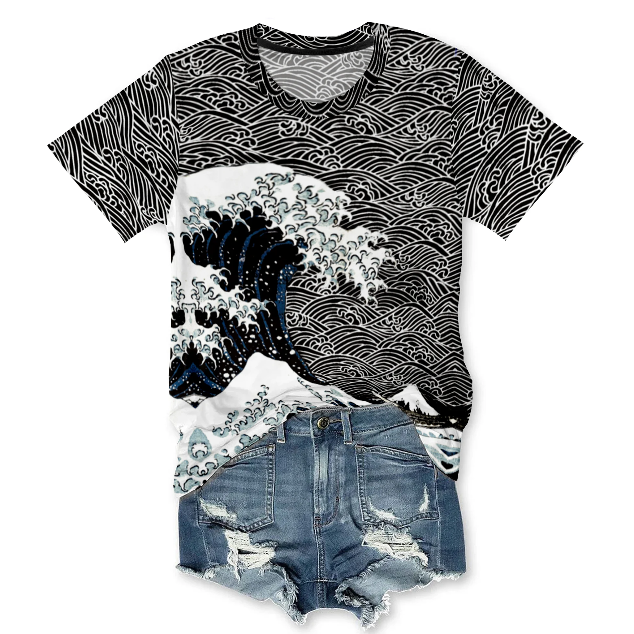 

Wave Print Women's Casual Round Neck T-Shirt