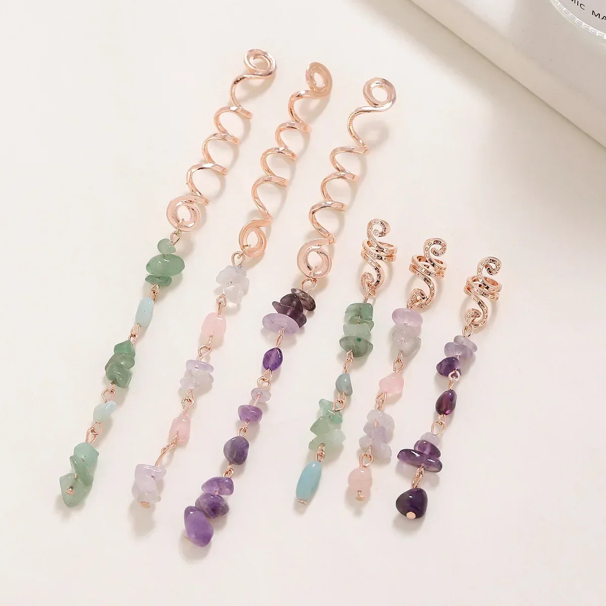 Natural Chip Stone Pendant Hair Accessories For Women Girl Wire Wrapped Hair Twists Spiral Hair Cuff Clips Headwear Dreadlock