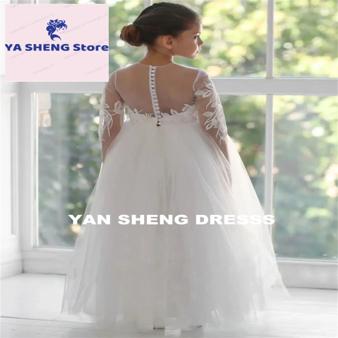 Maßgeschneiderte langärmlige weiße Tüllapplikationen Blumenmädchenkleider für Hochzeit, Geburtstag, Abschlussball, Bankett, Heilige Kommunion