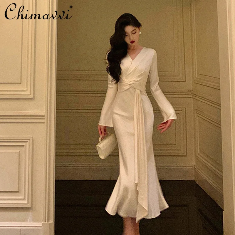 

French Elegant Temperament Fishtail Evening Dresses V-neck Long Sleeve Twist High Waist Slim Fit Bodycon Long Dress Women Autumn