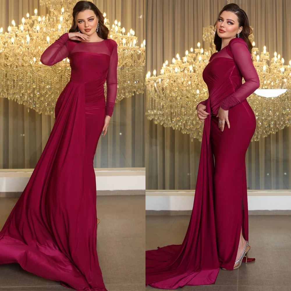 

Customized Formal Chiffon O-Neck Evening Dress Delicate Long Sleeves Prom Dresses Formal Sweep Train Special Occasion Gowns