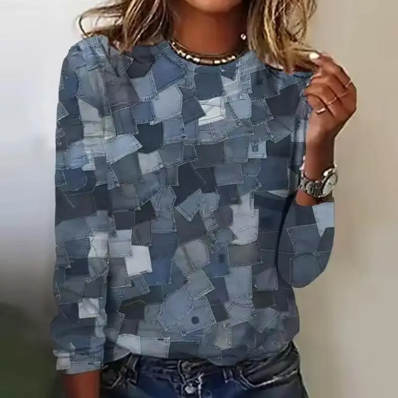 

Женская футболка с 3D джинсовым клетчатым узором и принтом, модный топ с длинными рукавами и круглым вырезом, обычный топ для отдыха, выходных, весна и осень