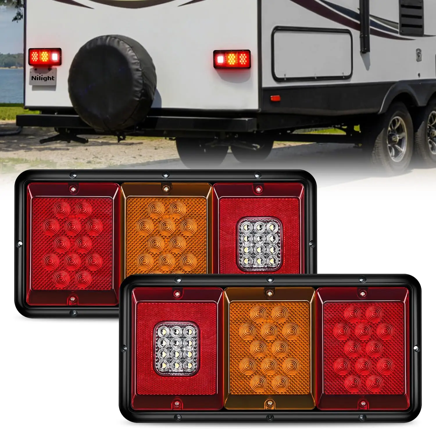 Nilight LED Triple Tail Light 2PCS Rectangle Red Amber Stop Brake Turn Signals White Reverse Back Up Lights Surface Mount Waterproof Trailer Camper Van RV Caravan Taillights