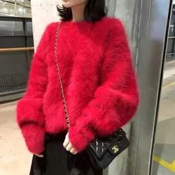 2023 maglioni di capodanno per le donne di alta qualità autunno inverno Mohair lavorato a maglia spessa rosso caldo sciolto visone Cashmere pullover