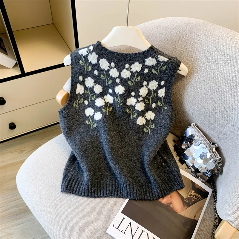 سترة نسائية عتيقة من MEXZT بلوفرات محبوكة مطبوعة هاراجوكو صدرية برقبة دائرية ملابس تريكو شتوية بدون أكمام