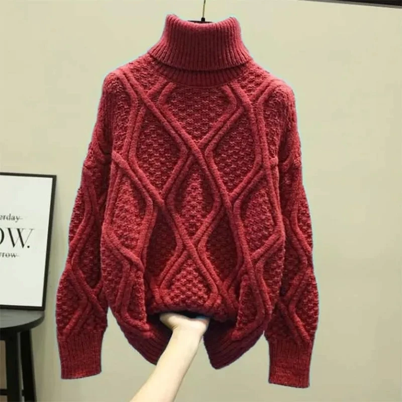 High neck sweater plush Autumn winter thickened women\'s loose 2023 new Korean women\'s warm sweater knit base Knitwear Pullover