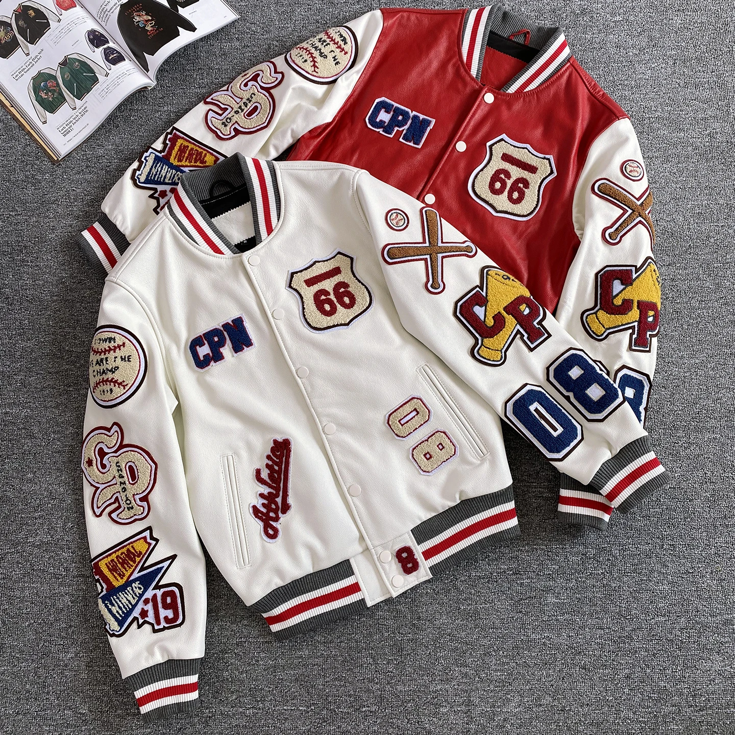Casual leather jacket for men, embroidered white and red jacket, high-quality calf leather factory direct sales