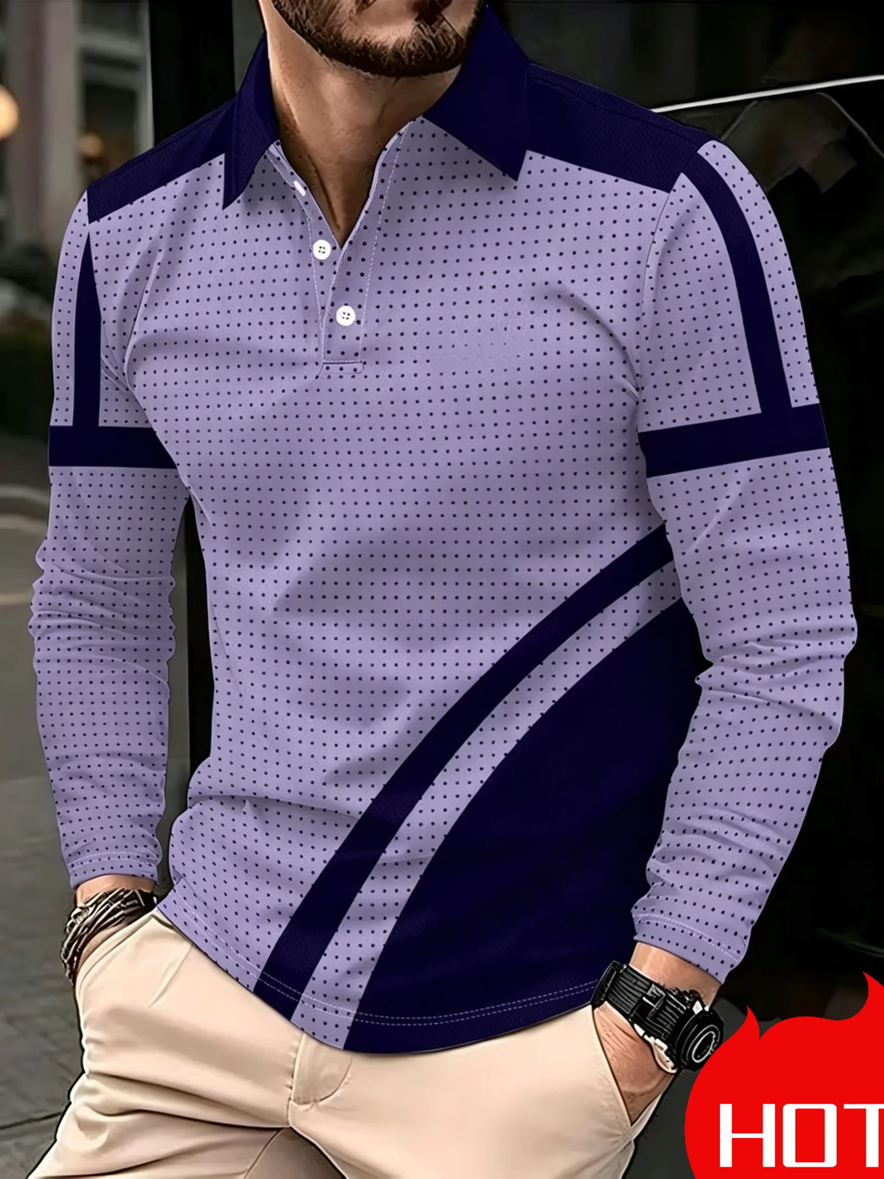 Autumn And Winter Style Men's Long Sleeved Polo Shirt with 3D Polka Dot Print - Street Casual Fashion Comfortable Men's Clothing