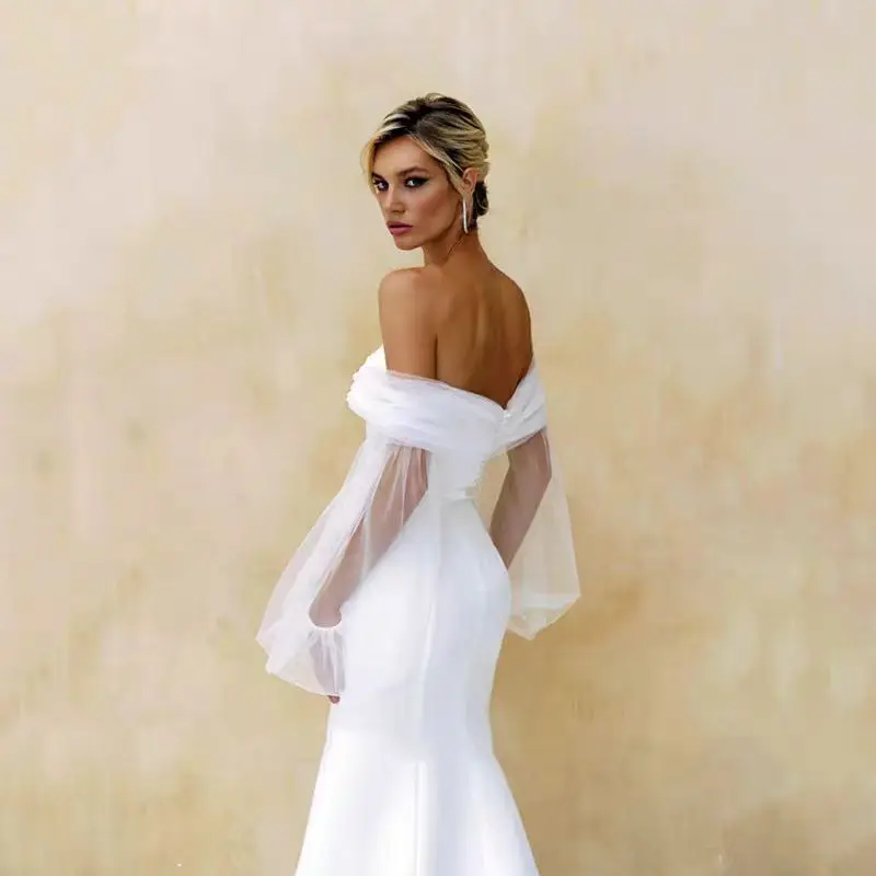 Robe de Mariée Longue en Satin Élégante pour Femme, Longueur au Sol, Sirène, Bouton au Dos, Traîne de Balayage, Patients, Peu importe, Manches sulf