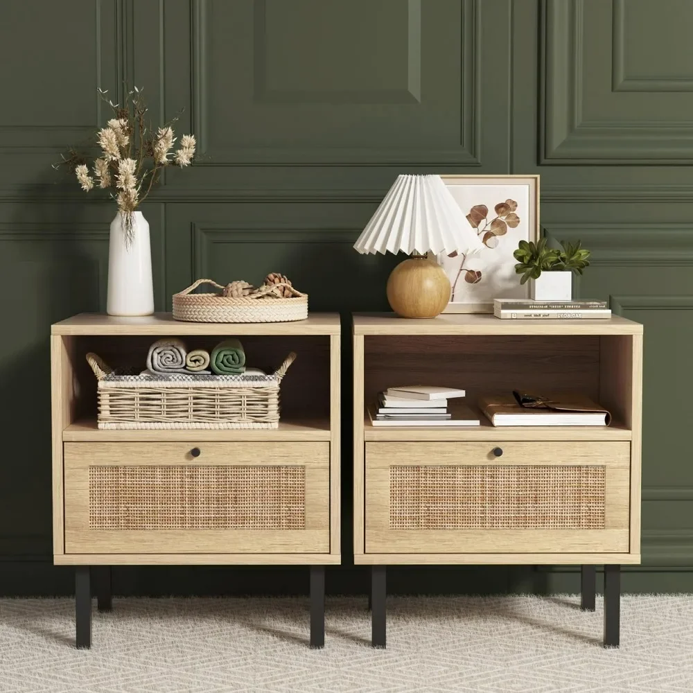 Rattan Nightstands Set of 2, Night Stand with 1 Door, Accent End Table, Bedside Table with Metal Legs & Open Shelf, Natural Wood