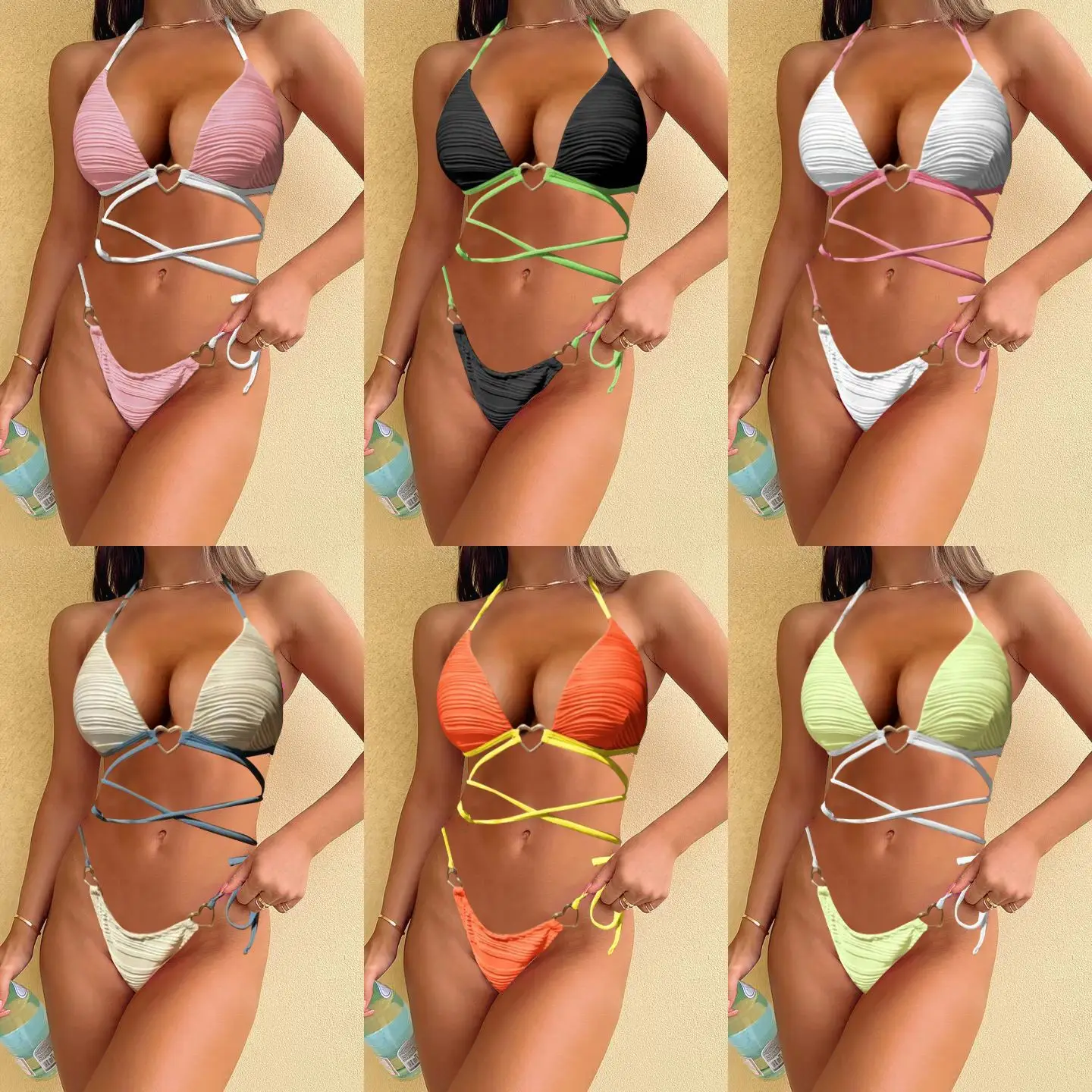 

Bathing Suit Women European And American Swimsuit Female Sexy Love Drawstring Strap Hard Cup Bikini Swimsuit