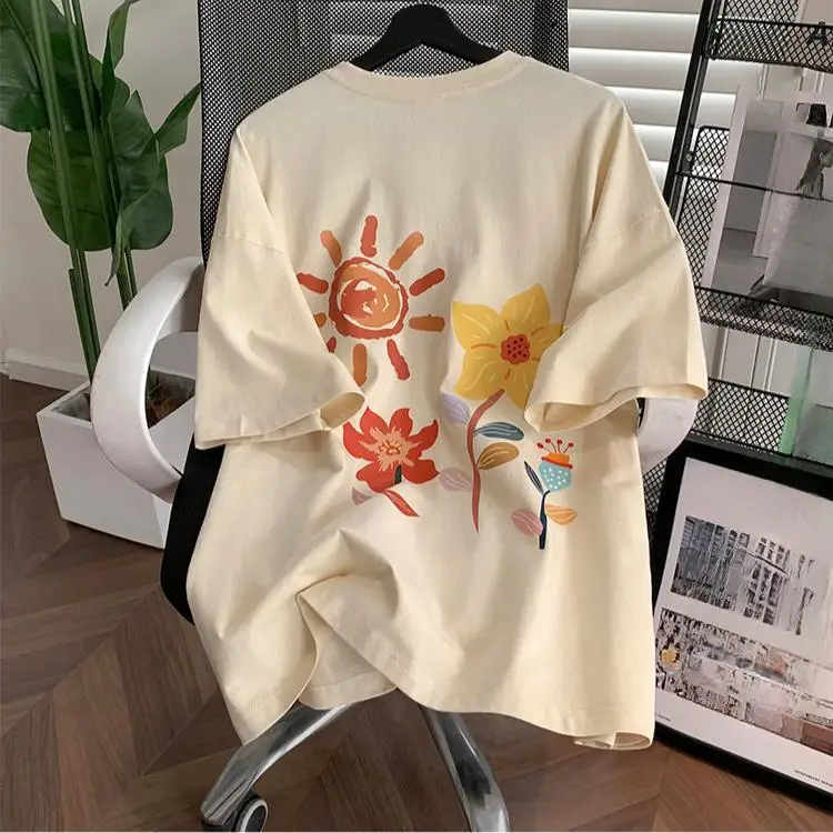 2025 Summer Oil Painting Printing T Shirt for Women Pure Cotton Tee Shirt UNISEX Harajuku Oversized T-shirt Y2k Tops Streetwear