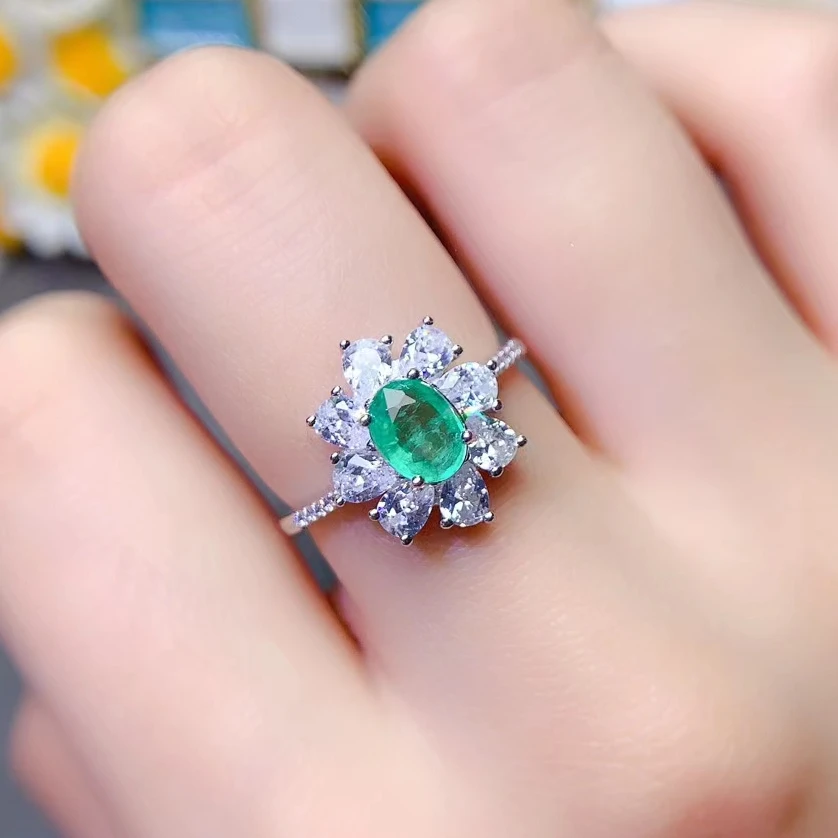 

Engagement Ring for Woman 5mm*7mm 0.6ct Natural Emerald Ring for Wedding Solid 925 Silver Emerald Jewelry