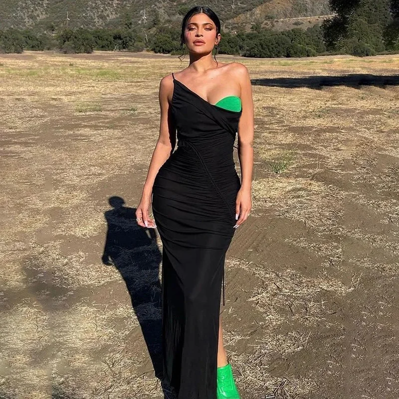 売れ筋新作セクシーシースルーメッシュパッチワークワンショルダーストラップチューブトップドレス3点セット