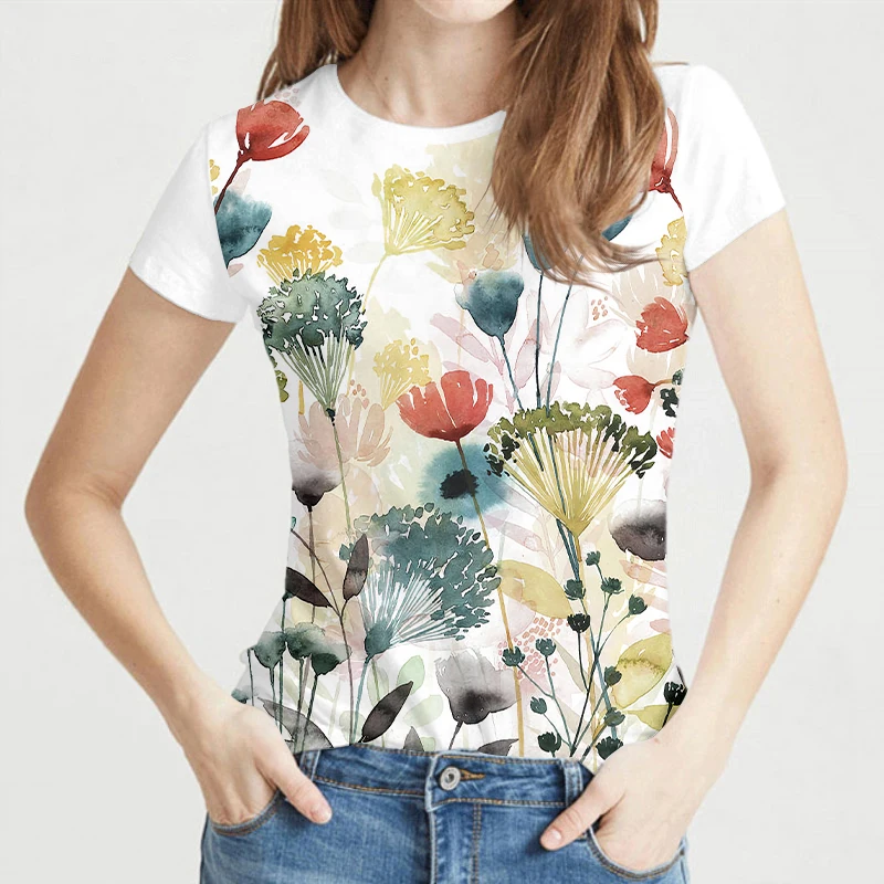 

Flowers Print T Shirt For Women Short Sleeve O-Neck Loose Tshirt Summer Women Casual Short Sleeve Round Neck Femal Tops