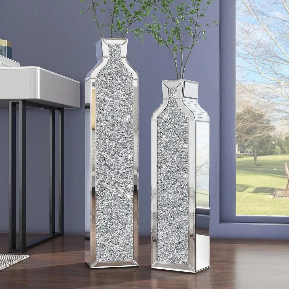 

Crushed Diamond Mirrored Vase Set - 2-24 & 30 Tall Crystal Vases for Home Decor