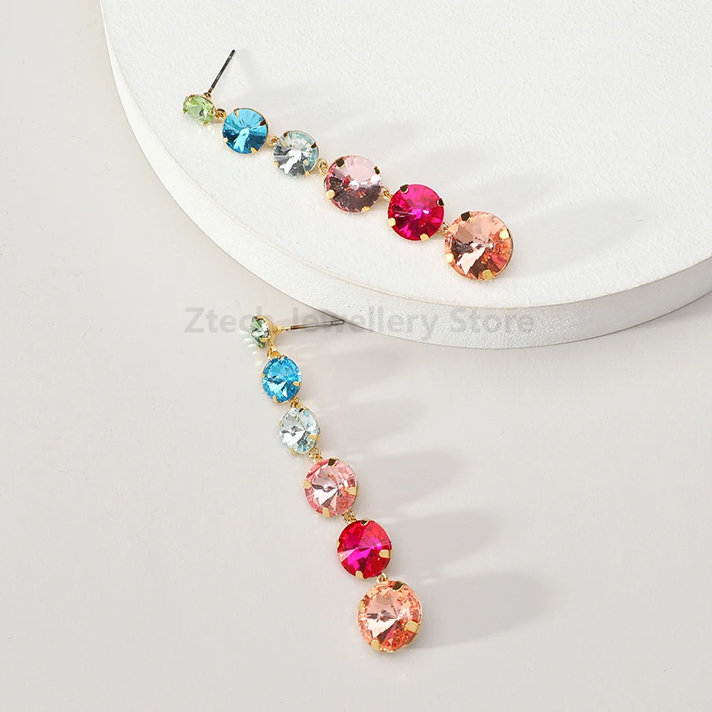 أقراط متدلية بشرابة طويلة للنساء ، متدلية زجاجية مرصعة بالكريستال ، مجوهرات ملونة لامعة ، أزياء رائعة حلوة ، سحر فاخر