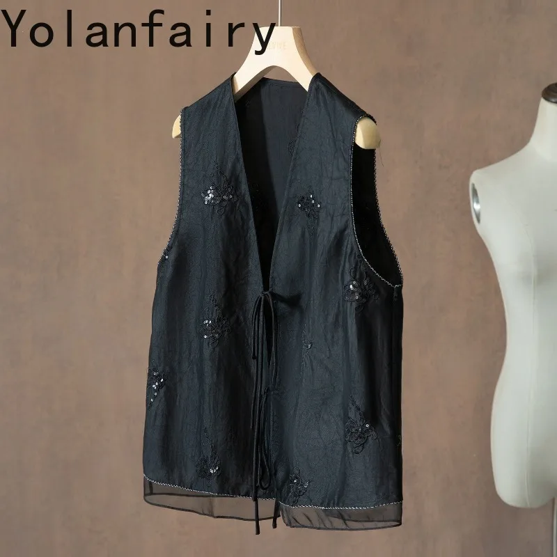 YOLANFAIRY High-end 100% Real Mulberry Silk Vest Women Summer Top Xiangyunsha Shirts Blouses Embroidery Drawstring Tie Waistcoat