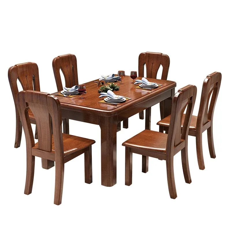

2025 new walnut solid wood dining table household all wood rectangular Chinese dining table with turntable summer promotion