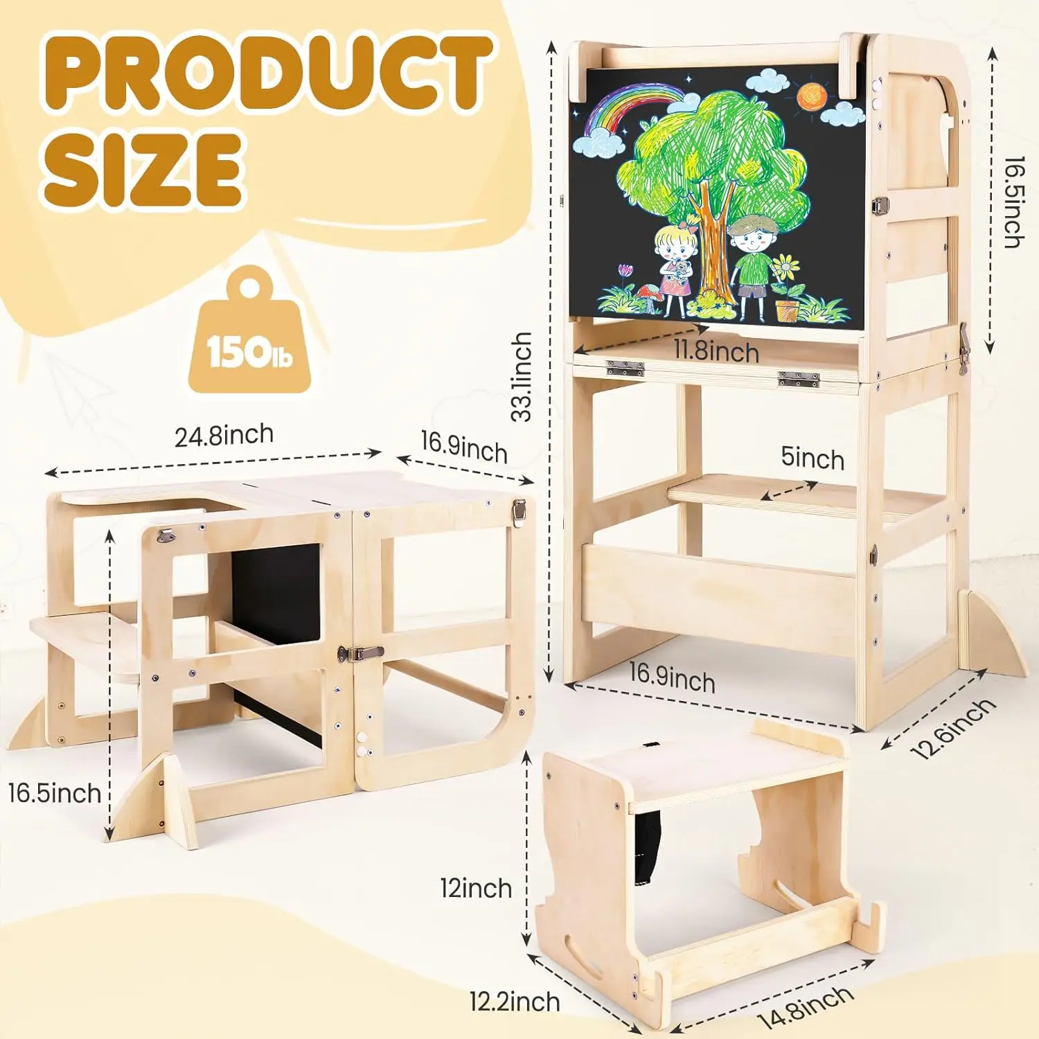 Kitchen Step Stool with Wooden Stool, Foldable Learning Standing Tower with Blackboard & Feeding Tray, Wooden Kitchen Stool Help