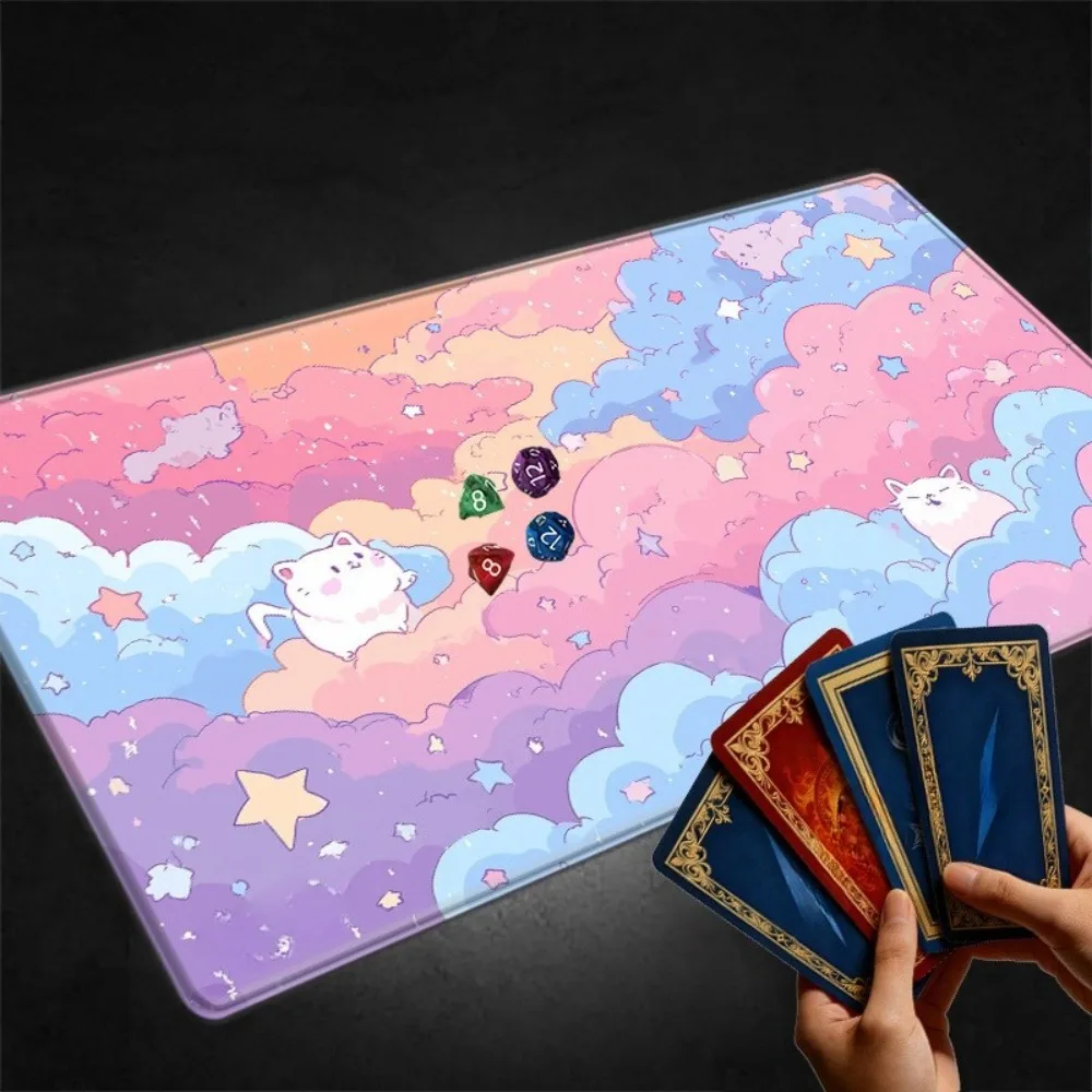 The feature is a playful pastel-colored cat and a dreamy sky pattern on the non-slip TCG mouse pad The cute fluffy cat design