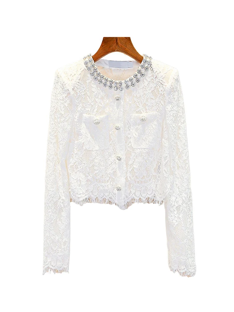 

Luxury Women's Lace Insert Diamond Embellied Open Cardigan Spring Faion Heavy Embroidery Miss Rich Sle ort Outerwear