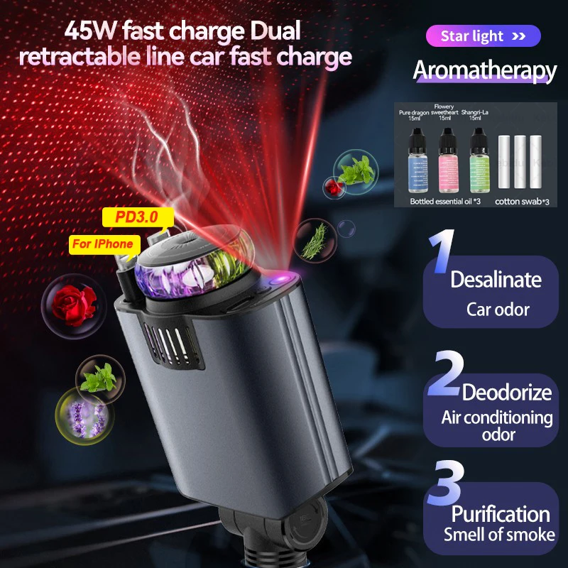 

5-In-1 Car 45W Retractable Phone Charger with Type C PD Cable Aromatherapy Essential Diffuser Roof Starlight For IPhone Andriod