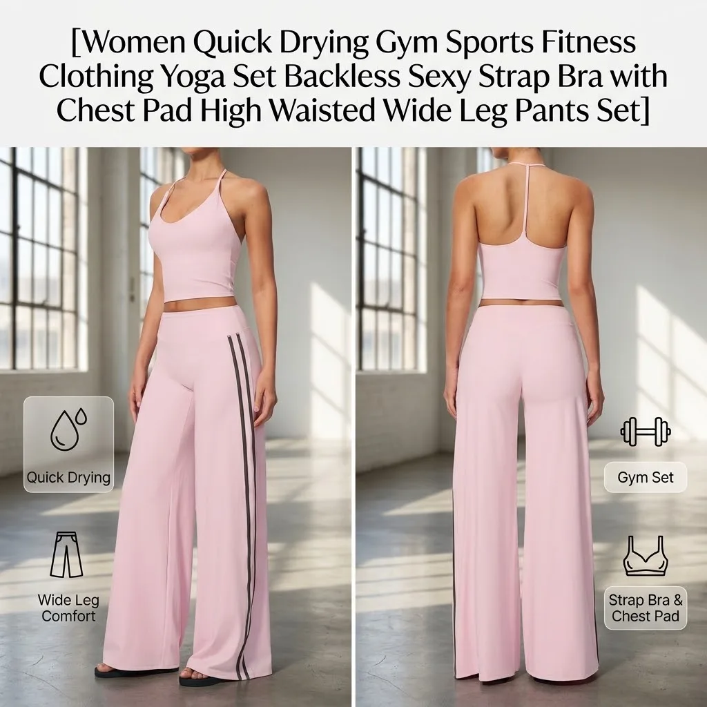 Women Quick Drying Gym Sports Fitness Clothing Yoga Set Backless Sexy Strap Bra with Chest Pad High Waisted Wide Leg Pants Set