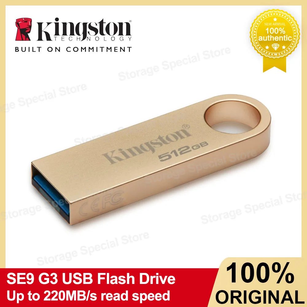 Unidad Flash USB Kingston DataTraveler SE9 USB3.2 Gen1 64GB 128GB 256GB 512GB, Unidad de Memoria USB Metálica Dorada, Velocidad de hasta 220Mb/s