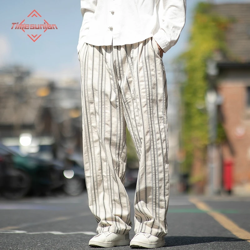 

Мужские повседневные прямые брюки, осенние удобные широкие брюки в полоску с рисунком, свободные хлопковые льняные брюки