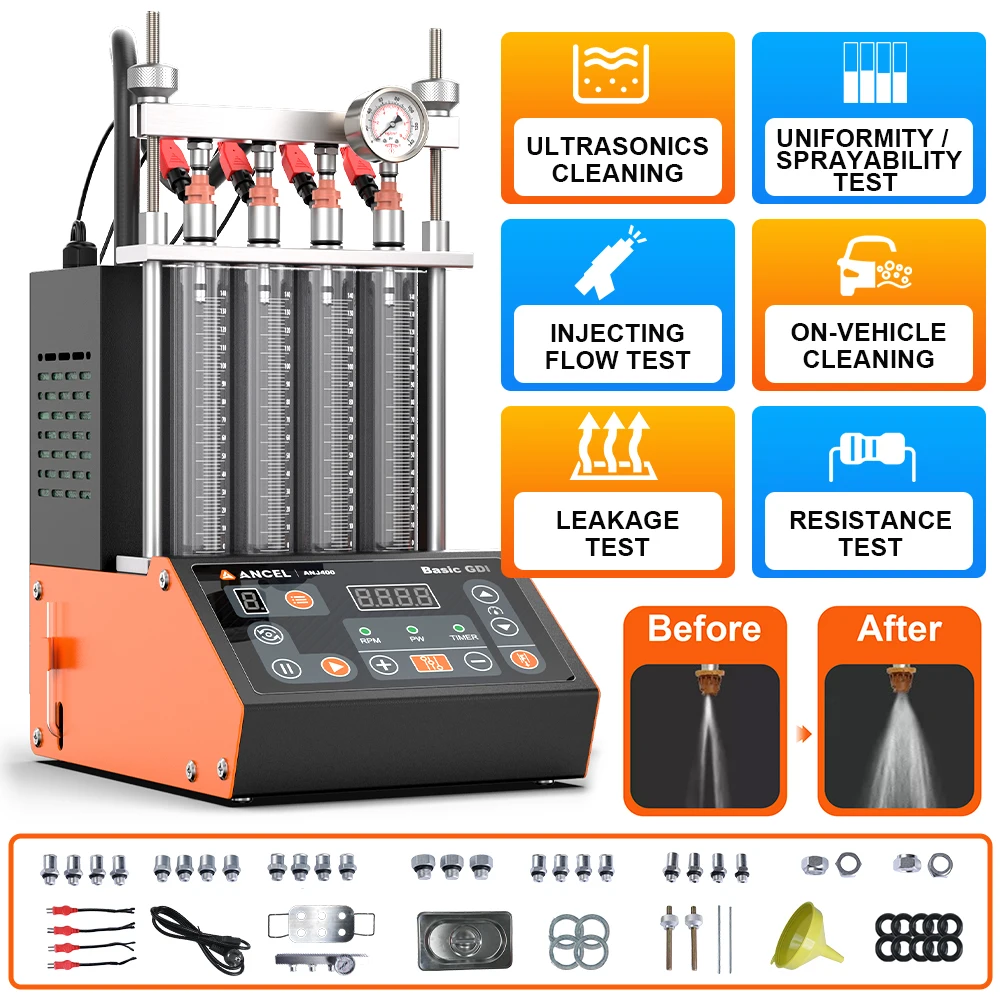 

ANCEL ANJ400 GDI Car Fuel Injector Cleaner Tool 4 Cylinders Ultrasonic Cleaning EFI FEI injector Cleaner Tester Machine