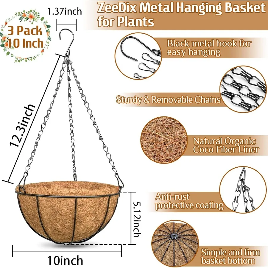 3 pacote 10 Polegada cesta de plantador de suspensão redonda de metal com forros de coco cestas de plantadores de suspensão de substituição com coco natural li