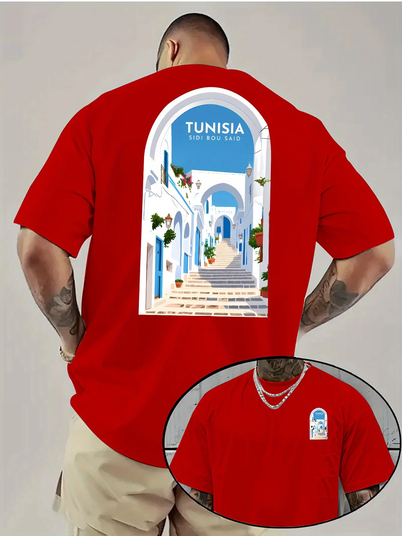 تي شيرت برسومات تونس سيدي بو سعيد للرجال - تصميم طباعة أزرق وأبيض، تي شيرت صيفي كاجوال مع نص "تونسيا"، قابل للغسل في الغسالة #1