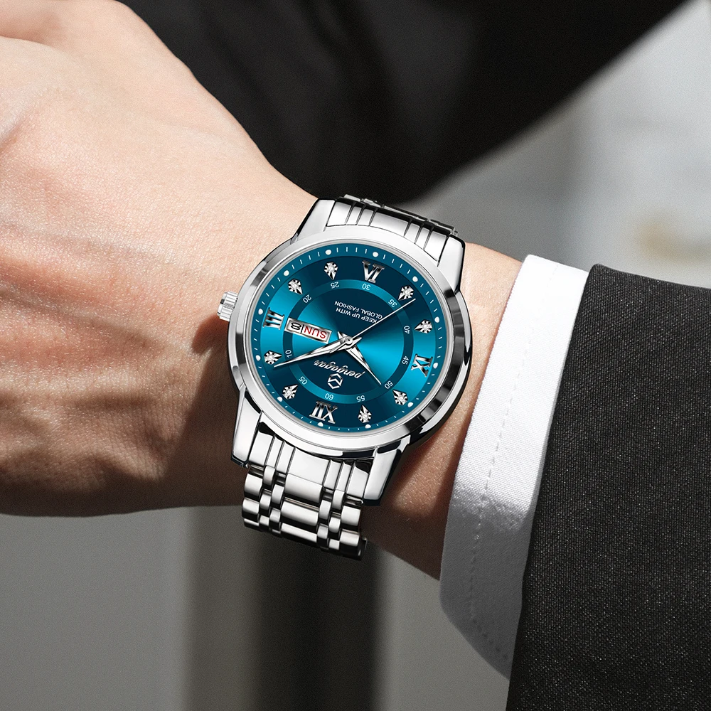 PENGAGAR ساعة فاخرة للرجال أنيقة تاريخ الأسبوع مقاوم للماء ساعة رجالية مضيئة كوارتز الفولاذ المقاوم للصدأ ساعات رياضية للرجال reloj