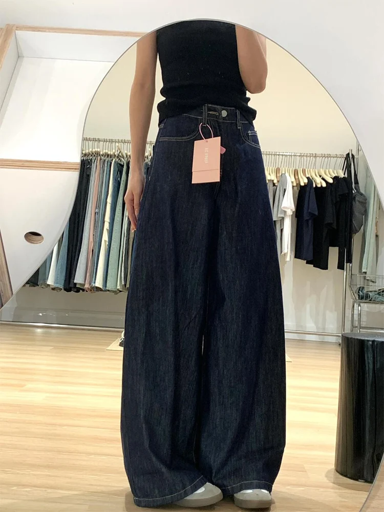 ارتفاع الخصر واسعة الساق الدنيم السراويل النسائية الخريف السراويل الطويلة فضفاضة Dra الطابق طول اللون العميق حجم كبير بناطيل كاجوال #2