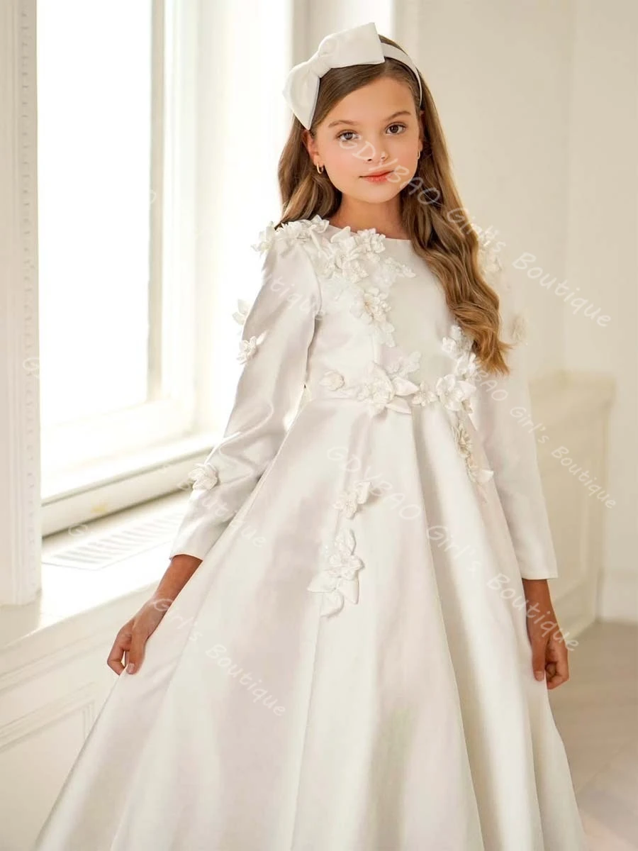 

Graceful Flower Girl Dress for Wedding Children's 3D Flower Long Sleeve First Communion Dress Kids Custom Birthday Party Gown