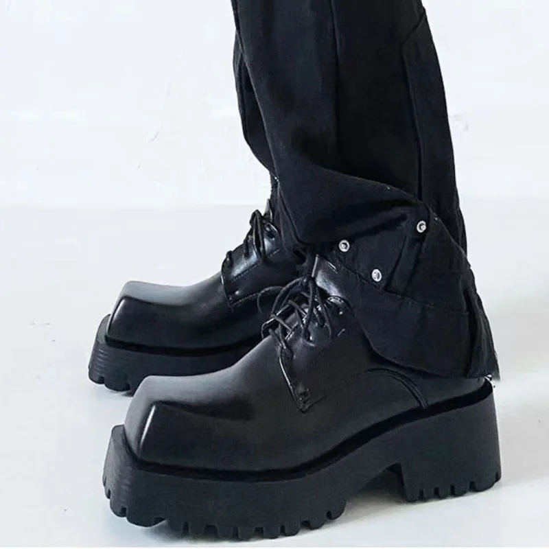 Black Square Head Small Leather Shoes Men's and Women's Couple 2025 New Lace Up Trendy Platform Thick Sole Casual Derby Shoes