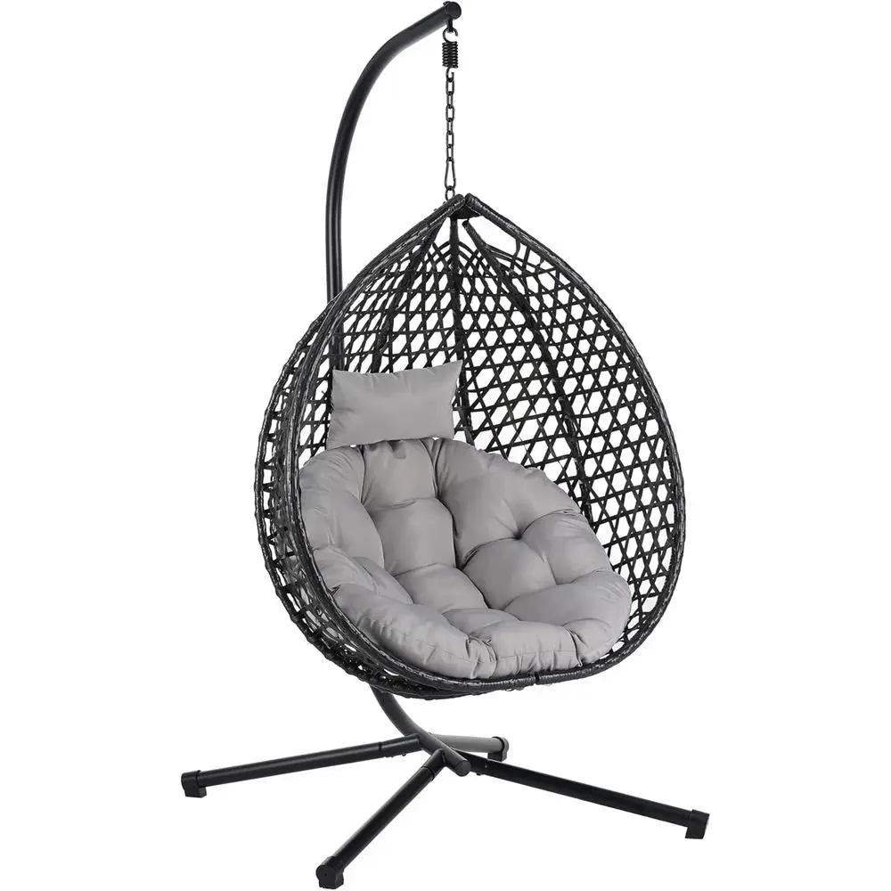 

Egg-shaped Rattan Hanging Chair with Stand and Cushion for Indoor or Outdoor Use (Black + Gray)