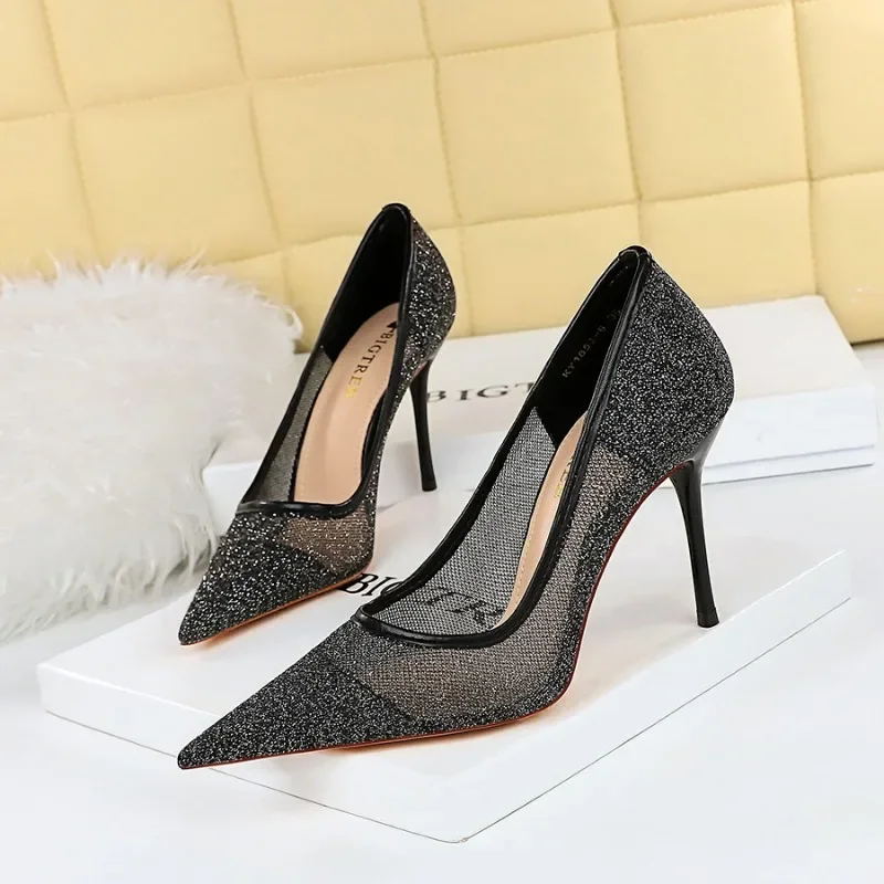 

BIGTREE Shoes Hollow Lace Mesh Woman Pumps Fashion High Heels Stilettos Sexy Party Shoes Pointed Lady Heels Large Size 41 42 43