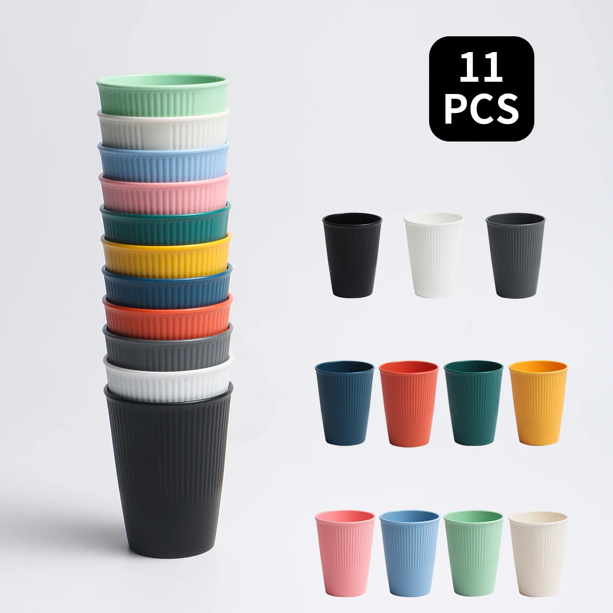 11pcs Multi-color Vertical Pattern Cup Set Reusable Plastic Drinking Cup for Family Camping Picnic Kitchen