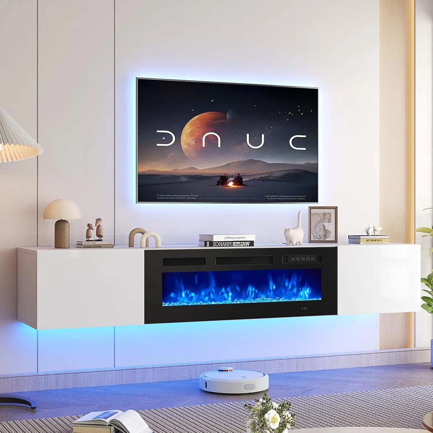 Oneinmil Soporte flotante para TV de 70" con chimenea eléctrica de 36", centro de entretenimiento para chimenea montado en la pared con almacenamiento, consola para TV