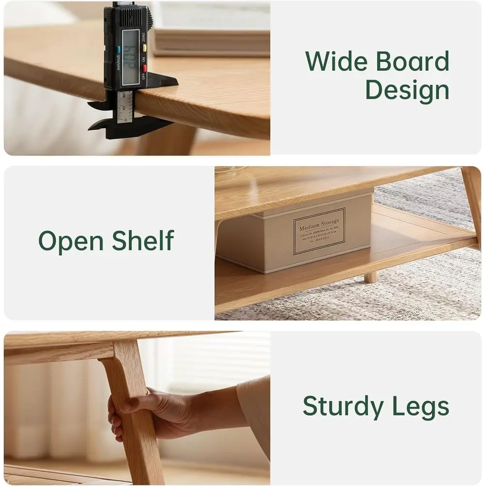 Mid-Century 2-Tier Oak Coffee Table with Storage and Rounded Corners, 31.5 Length