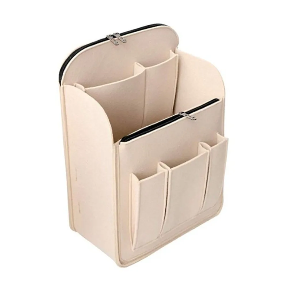 منظم حقيبة الظهر من اللباد، متعدد الجيوب، سعة كبيرة، حقيبة مستحضرات التجميل بلون سادة، متعددة الطبقات #4