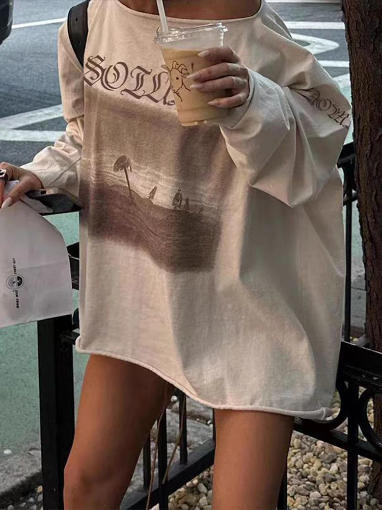 غريب سنور عادية فضفاض البلوز تي شيرت المرأة الخريف الاتجاه انحراف طوق كم كامل الرسومات طباعة عادية لينة البرية اليومية تيز