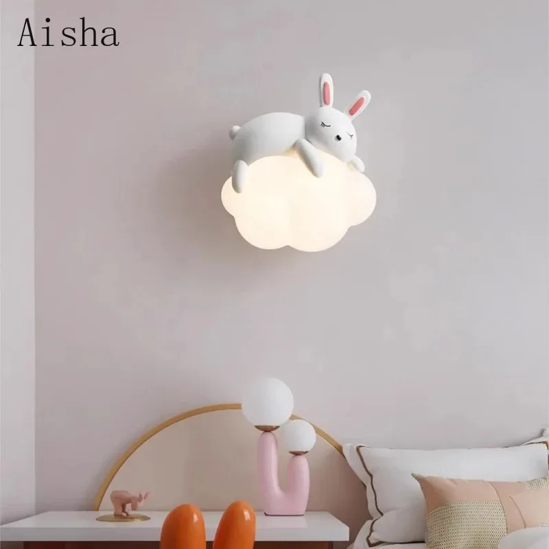 

Children's Room Bedside Wall Lamp Bear Rabbit Cloud Sconces Creative Cream Style Baby Room Nursery Boy Girl Bedroom Wall Light