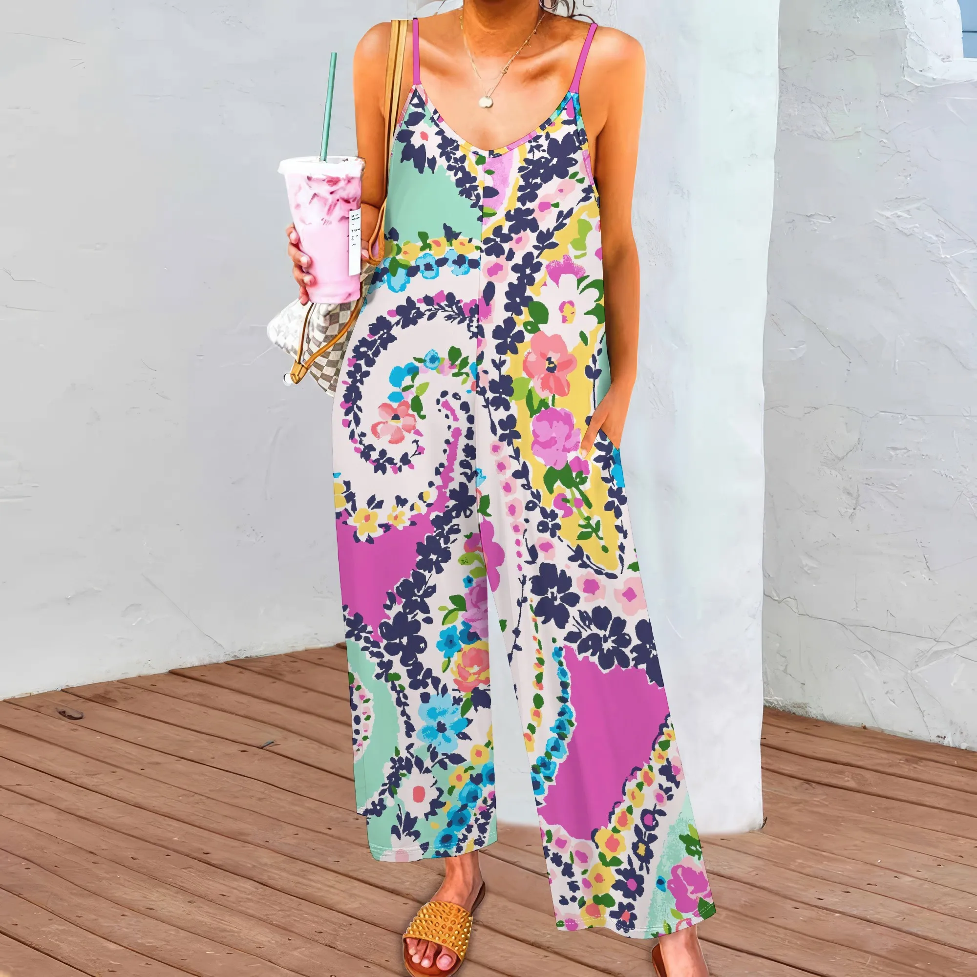 

Women's Red Checkered Spaghetti Strap Pocket Jumpsuit Polyester Wide-Leg Knee Outdoor Spring Vibrant
