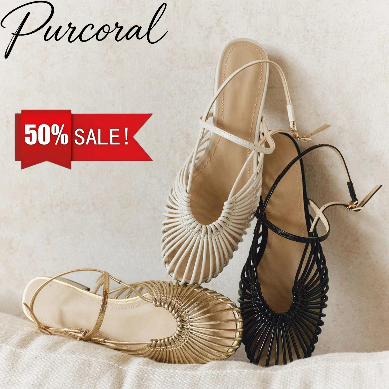 Purcoral Women Hollow Woven Flat Sandals Round Toe Slingback Strap Flat Shoes Vintage Ladies 2026 Summer Sandalias