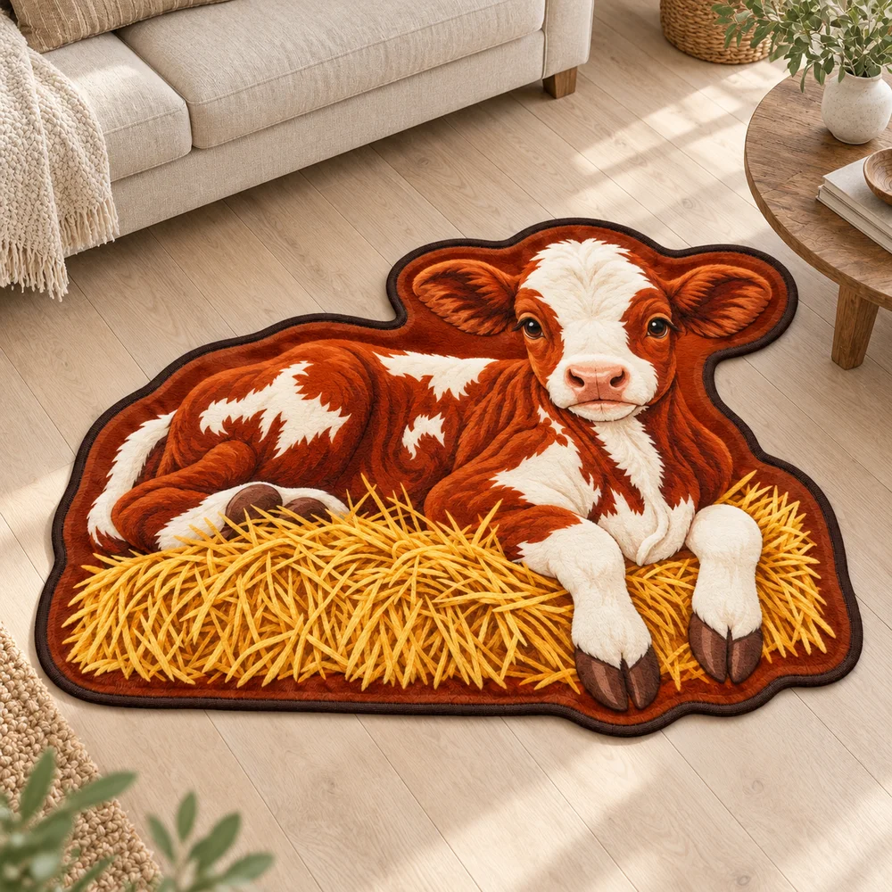 Calf on Hay Shaped Flannel Floor Mat Farm Animal Novelty Rug for Living Room Bedroom Entryway Reading Corner Home Decor Gift