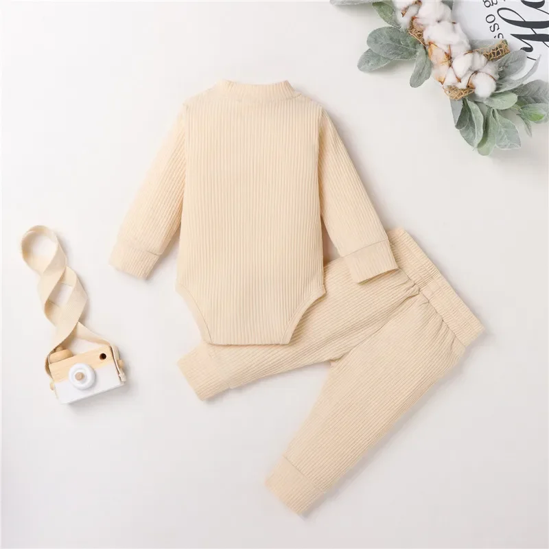 0-24months Baby Knit Spring Fall Outfits Long Sleeves Romper Ruffle Jogger Lace-Up Long Trousers Clothes Sets For Boys And Girls