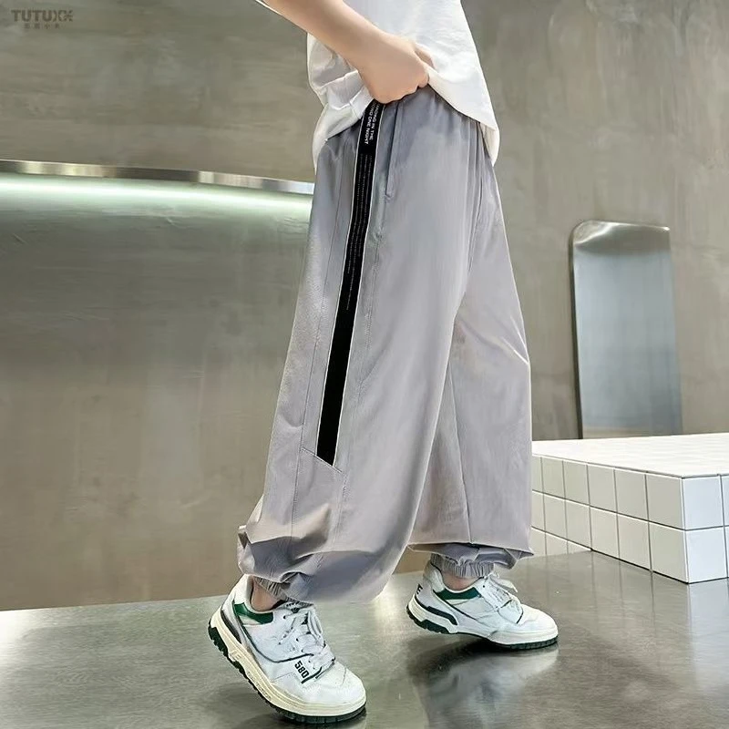 2026 New Summer Boys Middle Kids Lightweight Ice Silk Sports Quick Dry Mosquito Repellent Pants